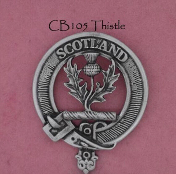 Thistle Hand Crafted Pewter Scotland Clan Crest & Motto Cap Badge Brooch UK 