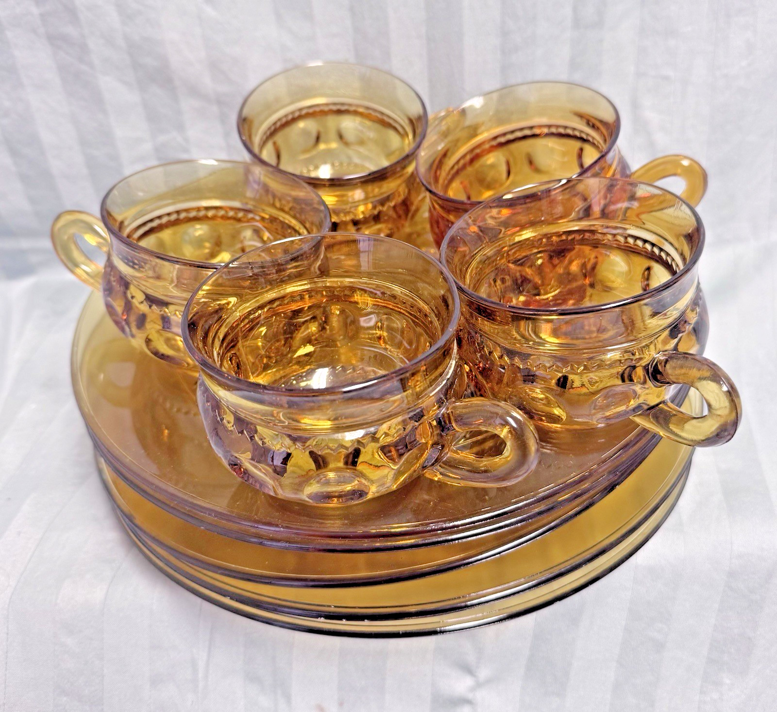5 Sets, Vtg 1960s Indiana Glass Amber Kings Crown Thumbprint Snack Plates & Cups
