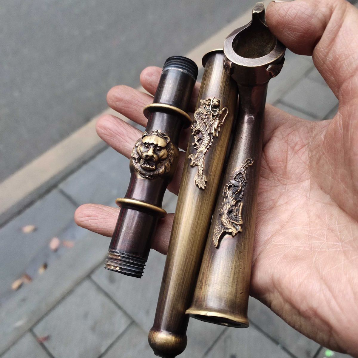 Pure Copper Vintage Long Tobacco Pipe Handcrafted Inlaid Dragon Phoenix