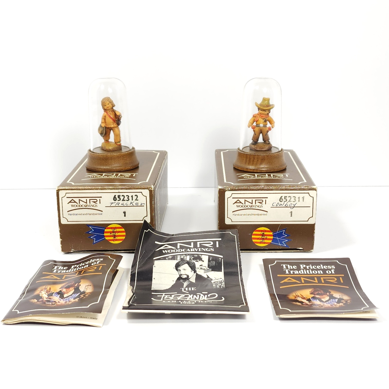Lot of 2 VTG  Anri Ferrandiz Mini Wood Carvings Cowboy & Tracker w /Glass Domes