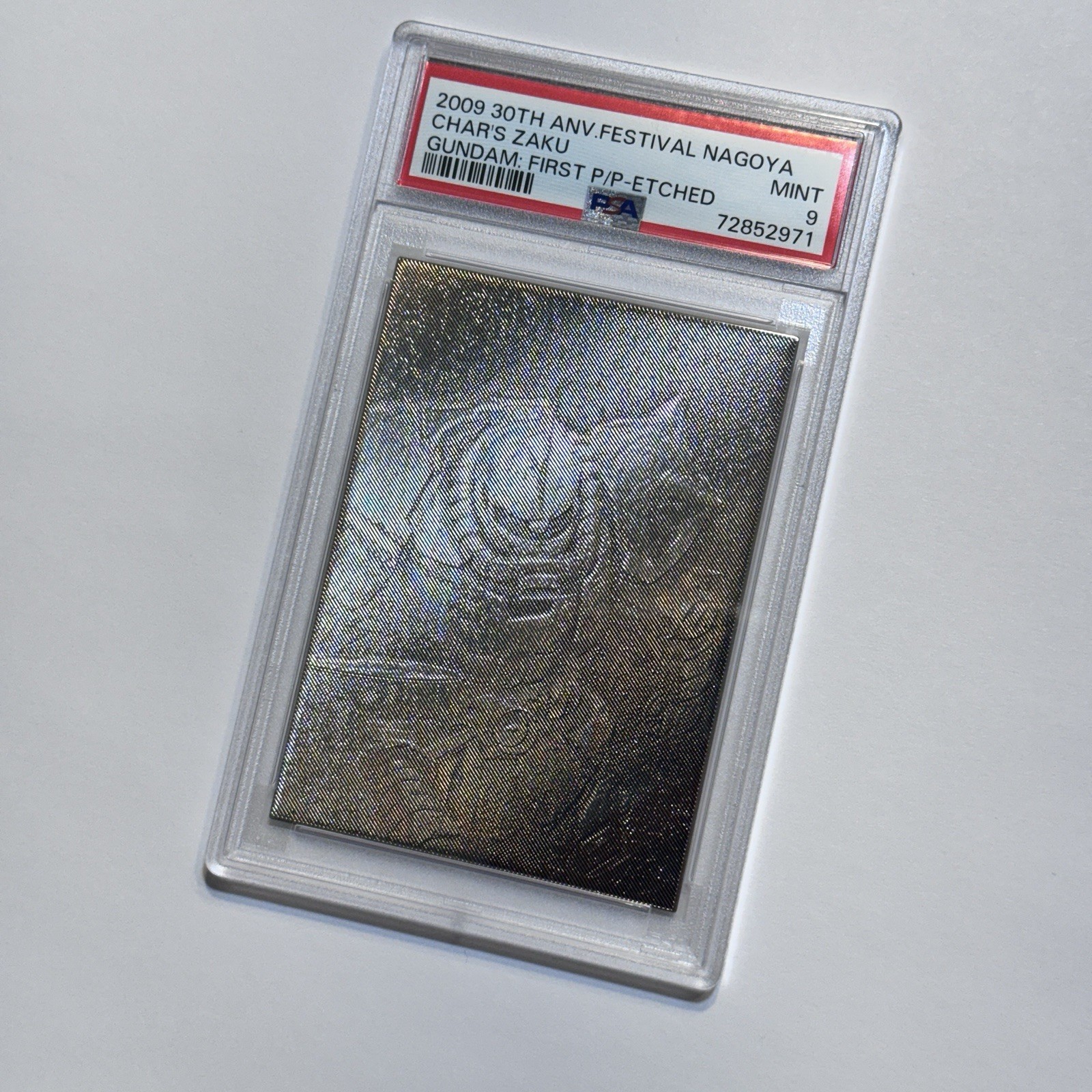 PSA 9 Pop1 Gundam Char’s Zaku 30th Anniv. Etched Premium Plate Metal Card Serial PSA 9 Pop1 Gundam Char’s Zaku 30th Anniv. Etched Premium Plate Metal Card Serial