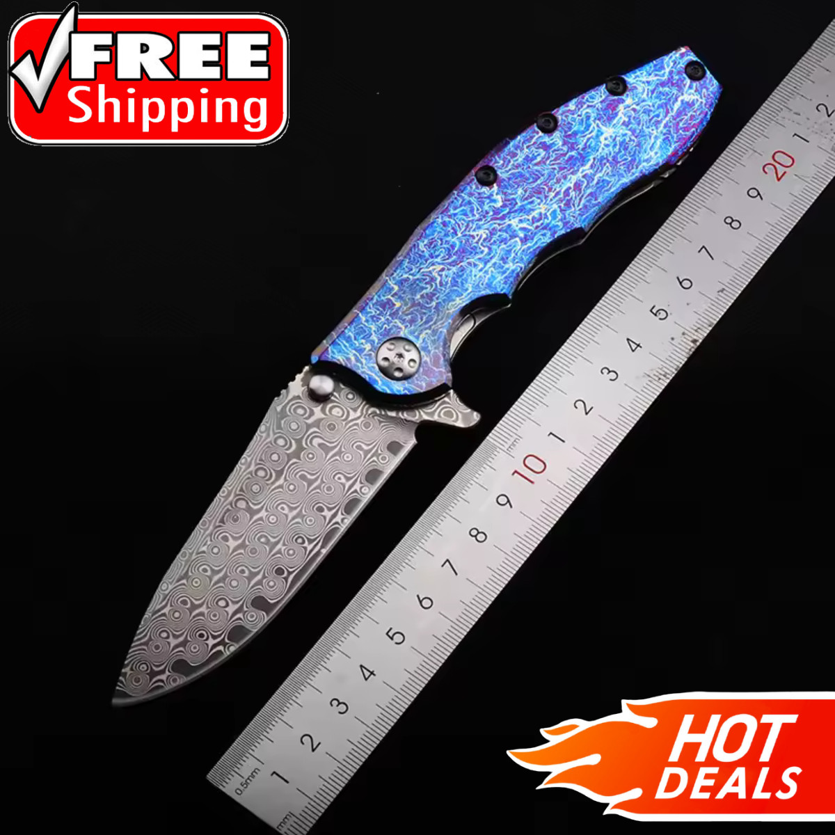 Damascus TC4 Titanium Alloy Anodized Blue Handle Outdoor Camping EDC Pocketknife