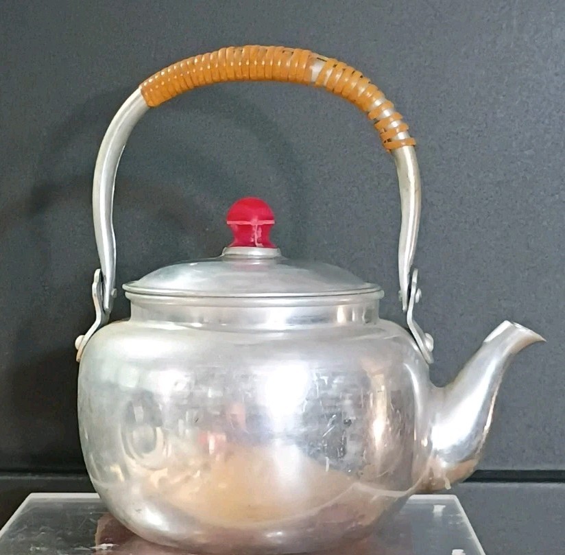 Vintage Japanese Aluminum Tea Kettle Pot Wood Handle Red Knob Retro Teapot