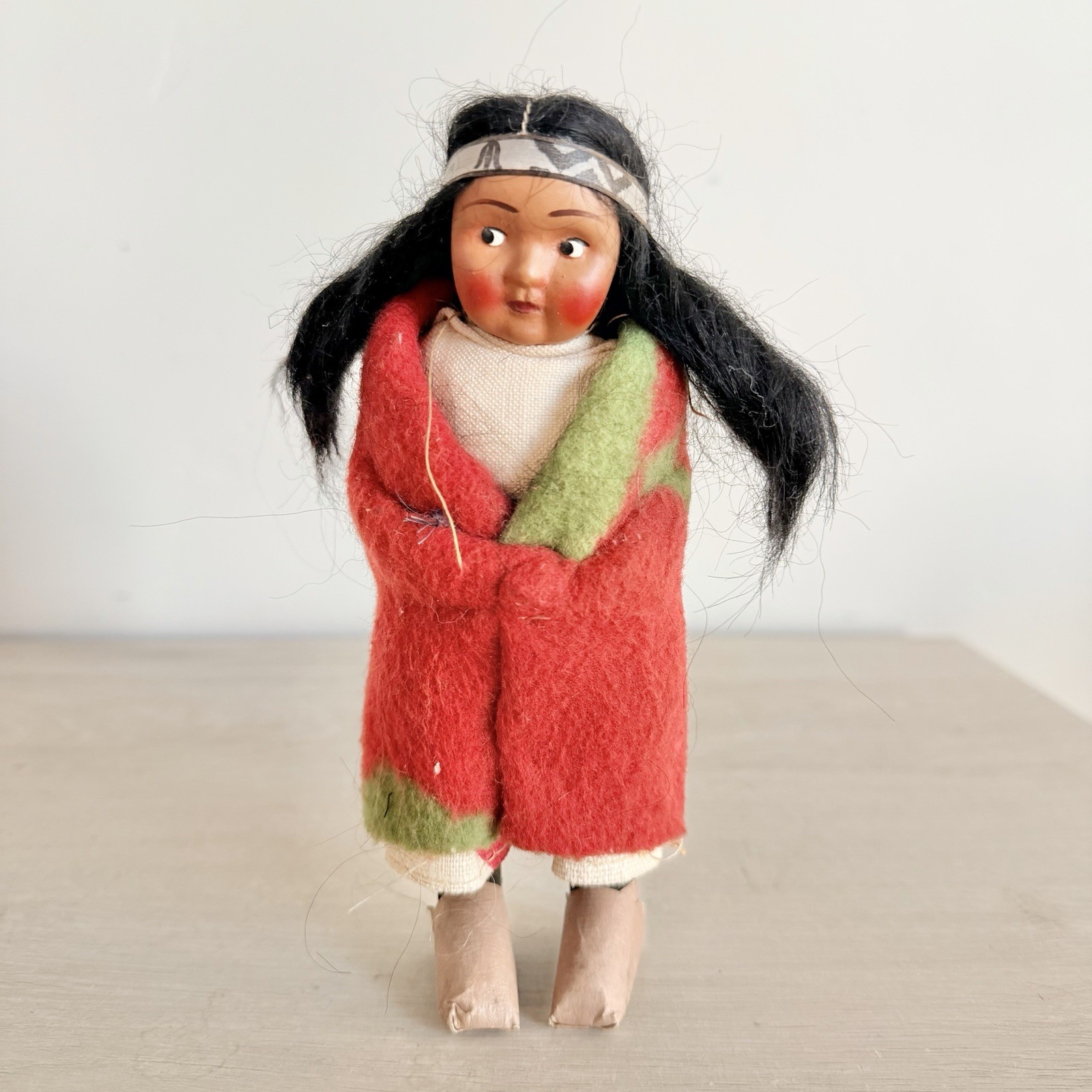 Vintage Skookum Bully Good Doll 7” Native American Red Wool Blanket USA