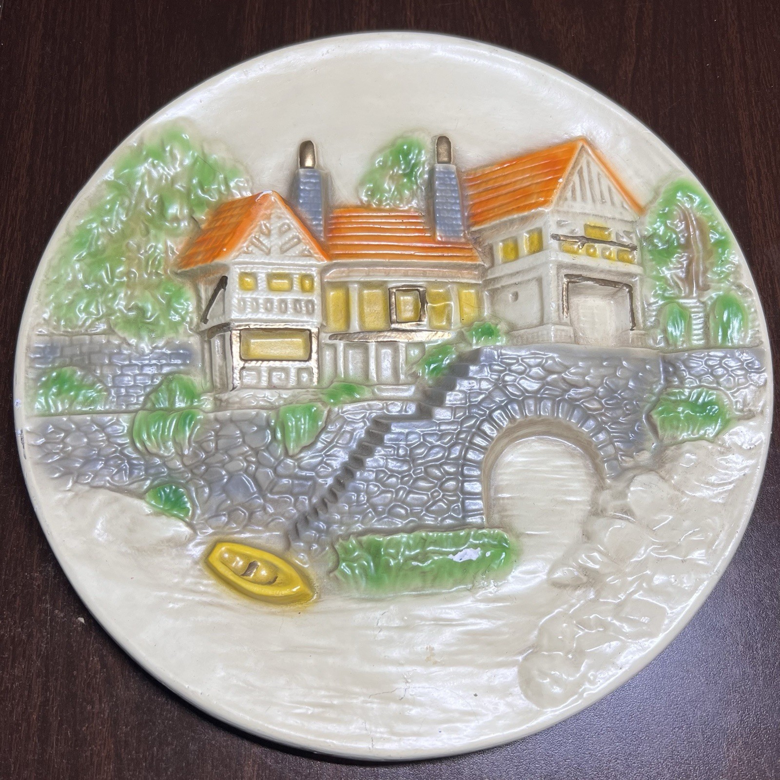 Vintage Chalkware Cottage Village Wall Plaque 11.5