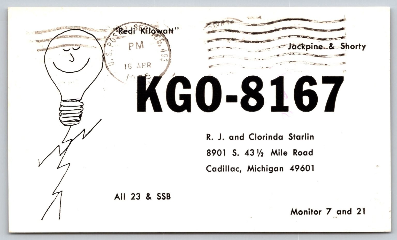 1975 Amateur Radio QSL Postcard KG0-8167 Cadillac Michigan Reddy Kilowatt B138