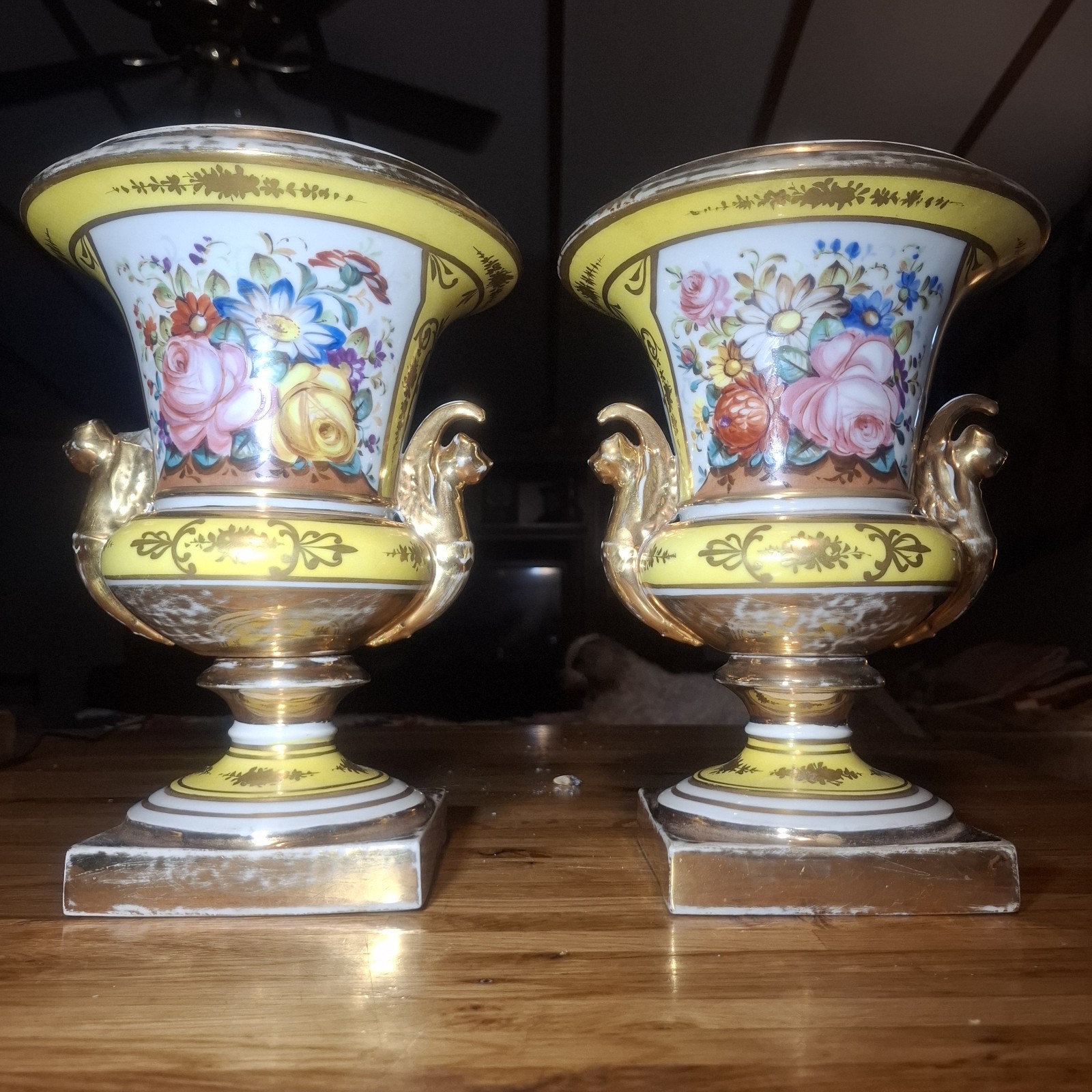 Antique Pair Paris Porcelain Hand Painted Flower Gilded Vase Urn Made in France