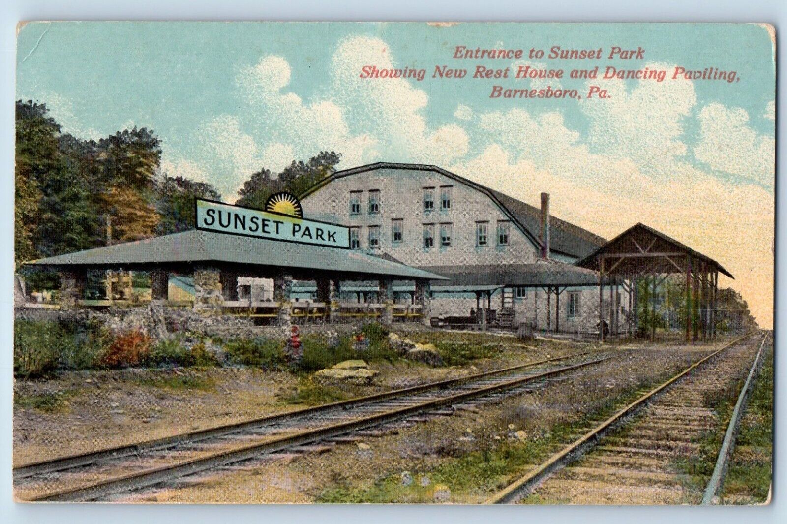 Barnesboro Pennsylvania Postcard Entrance Sunset Park Rest House Dancing c1912