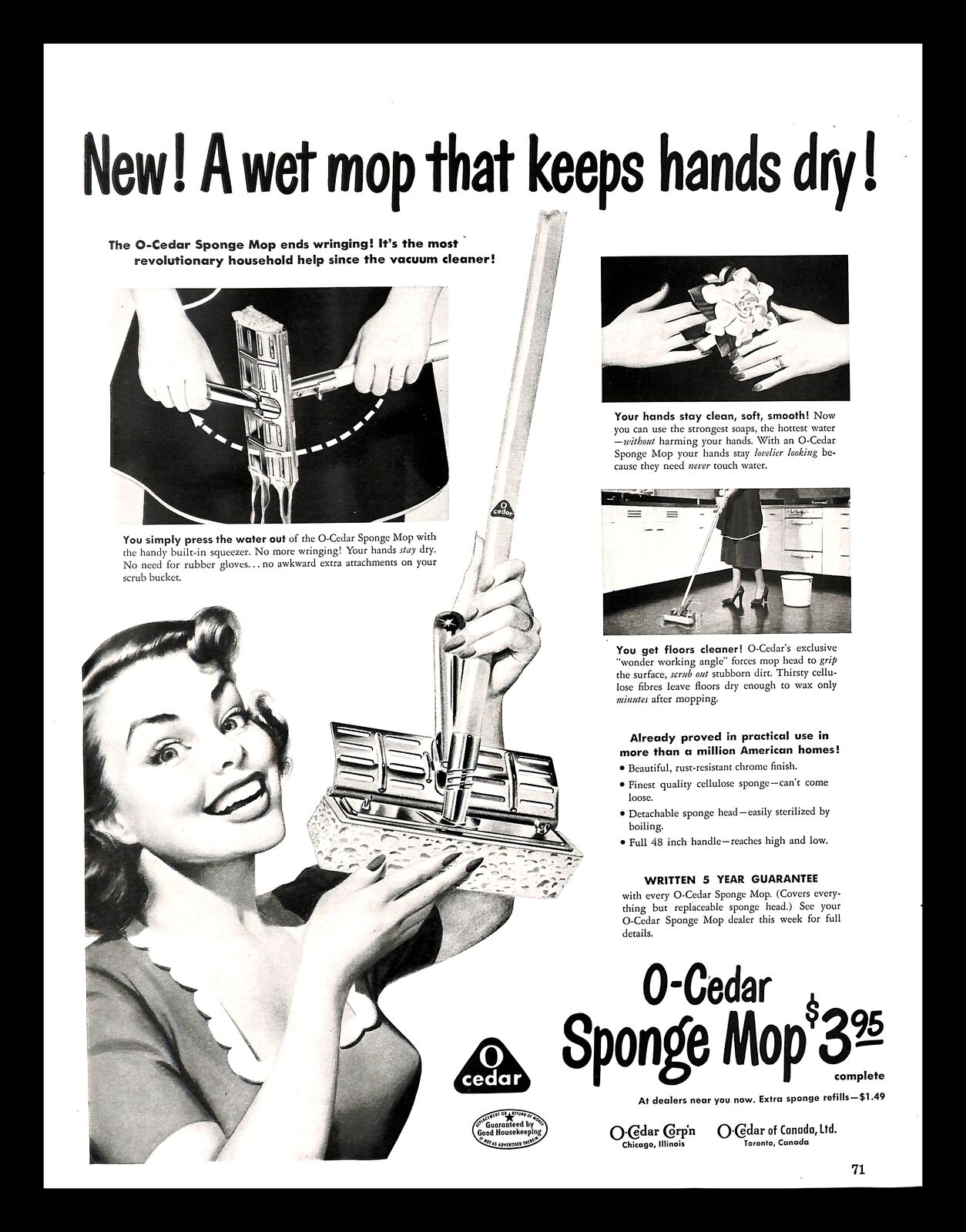 1951 O-Cedar Sponge Mop Vintage PRINT AD Housewife Kitchen Cleaning 1950s