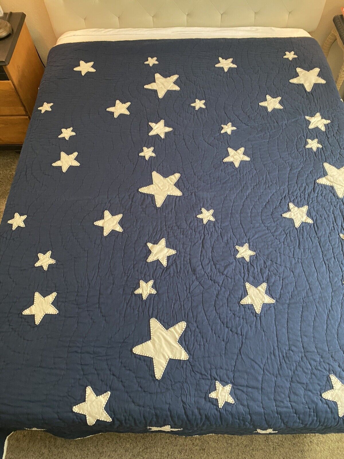 Pottery Barn Kids Bedding Star Quilt Bedspread Coverlet Navy Blue Cotton 87 x 86
