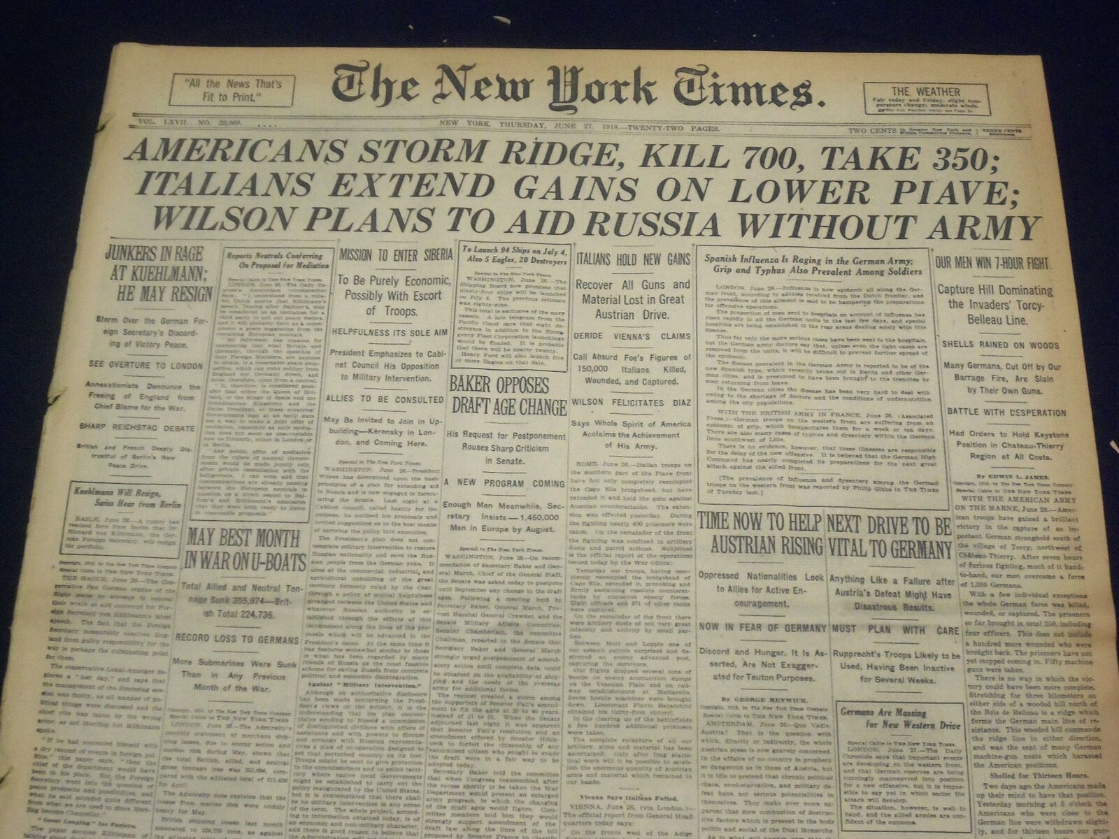 1918 JUNE 27 NEW YORK TIMES - AMERICANS STORM RIDGE, KILL 700 - NT 9093