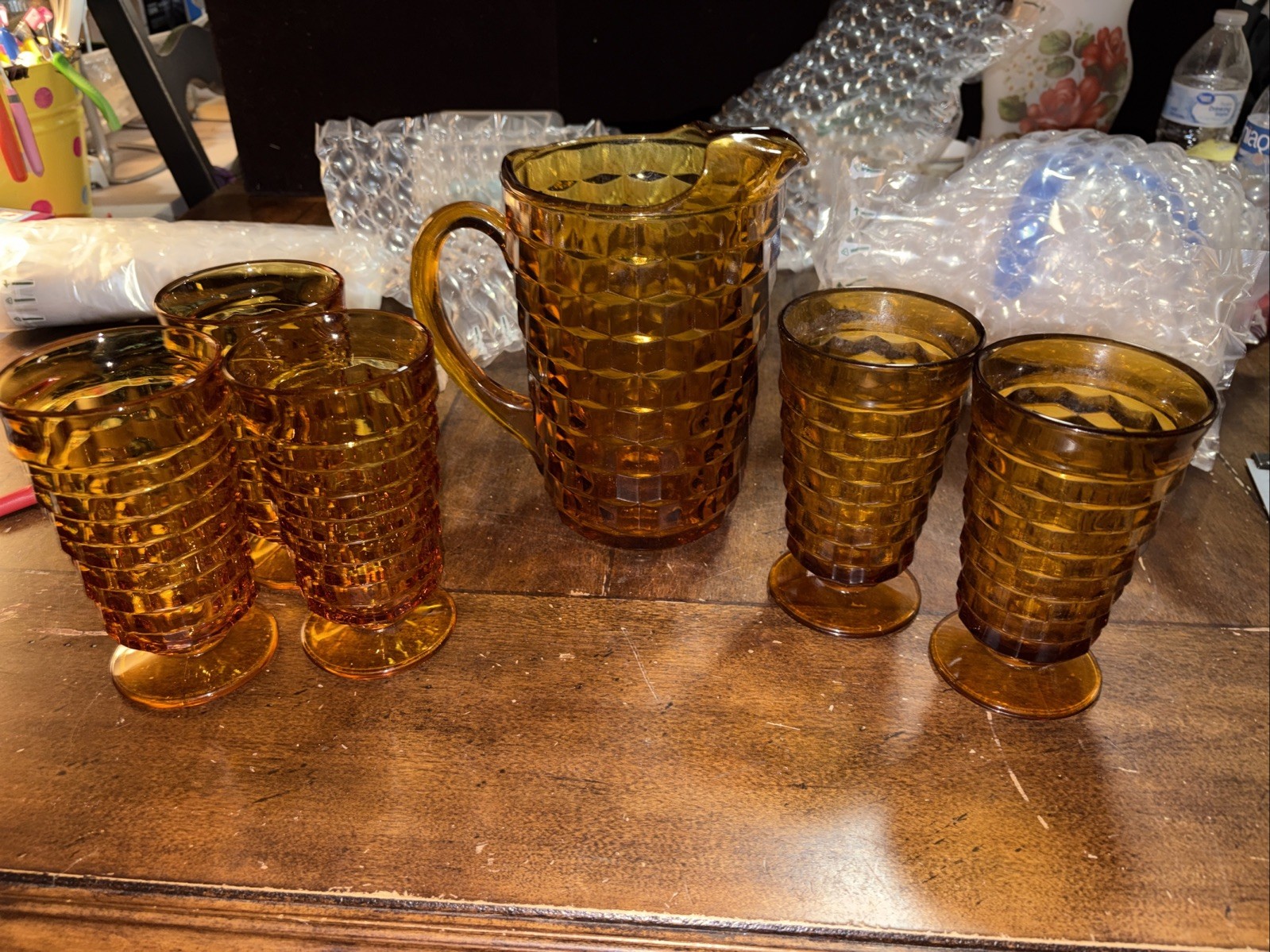 Vintage INDIANA GLASS Amber Whitehall 5 Footed Glasses 1 Cubist Pitcher