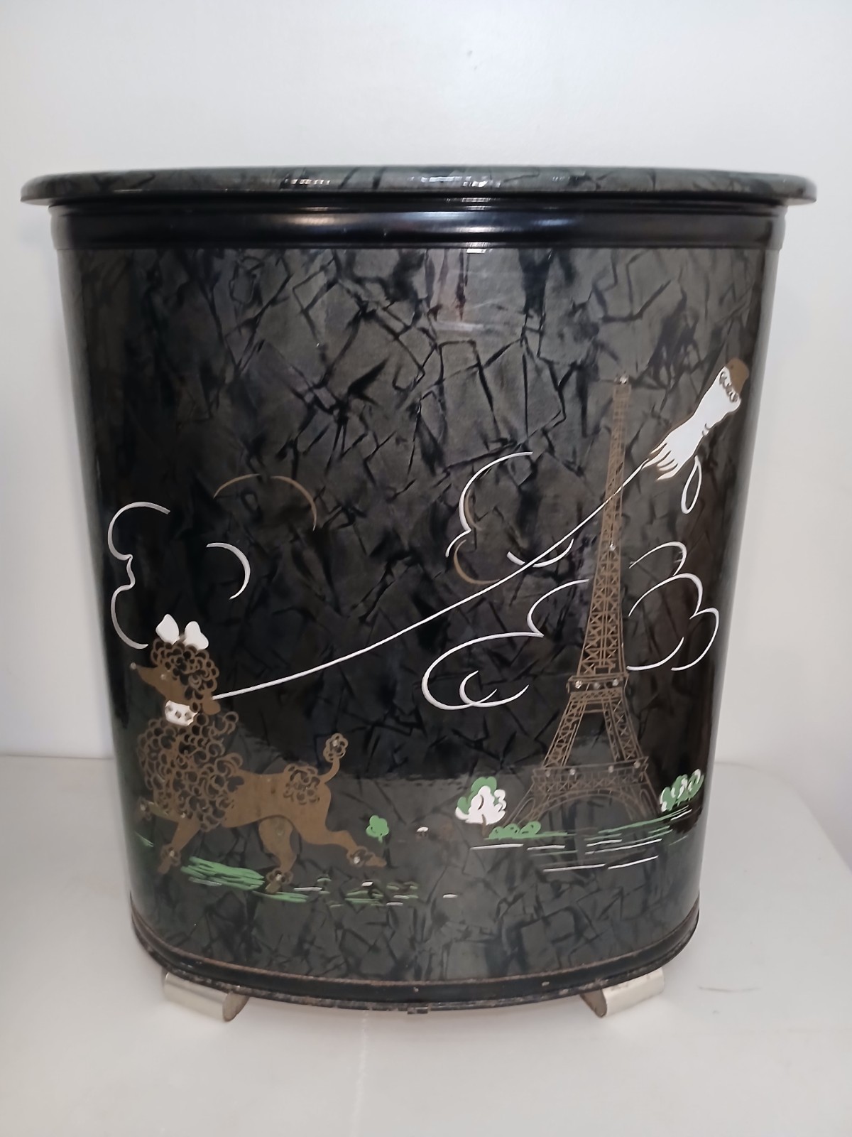 50’s Pearl Wick Black Cracked Ice Poodle Vtg Hamper Paris Eiffel Tower VERY RARE