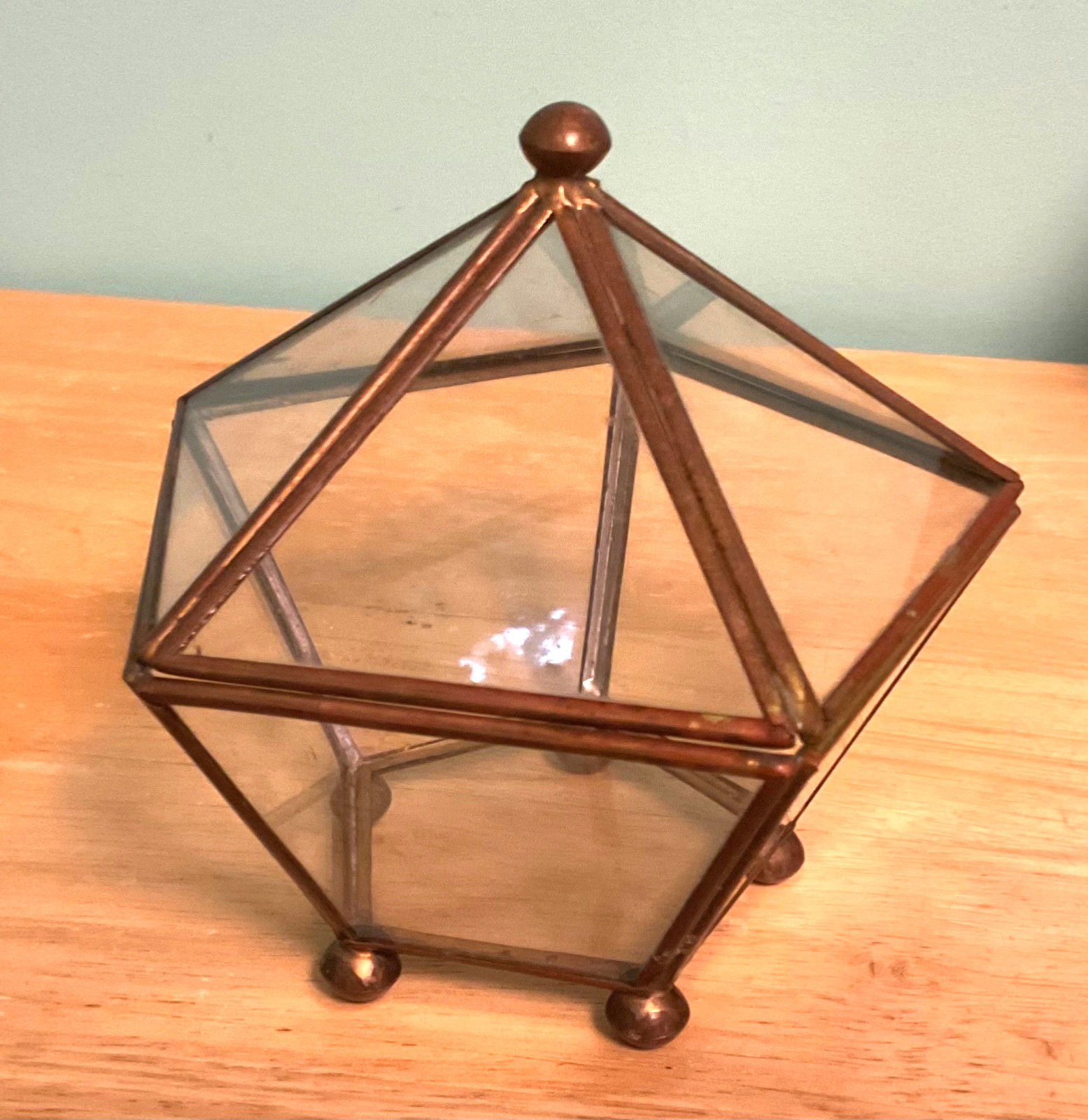 Vintage MCM Glass And Brass Pentagon Jewelry & Trinket Box, terrarium style