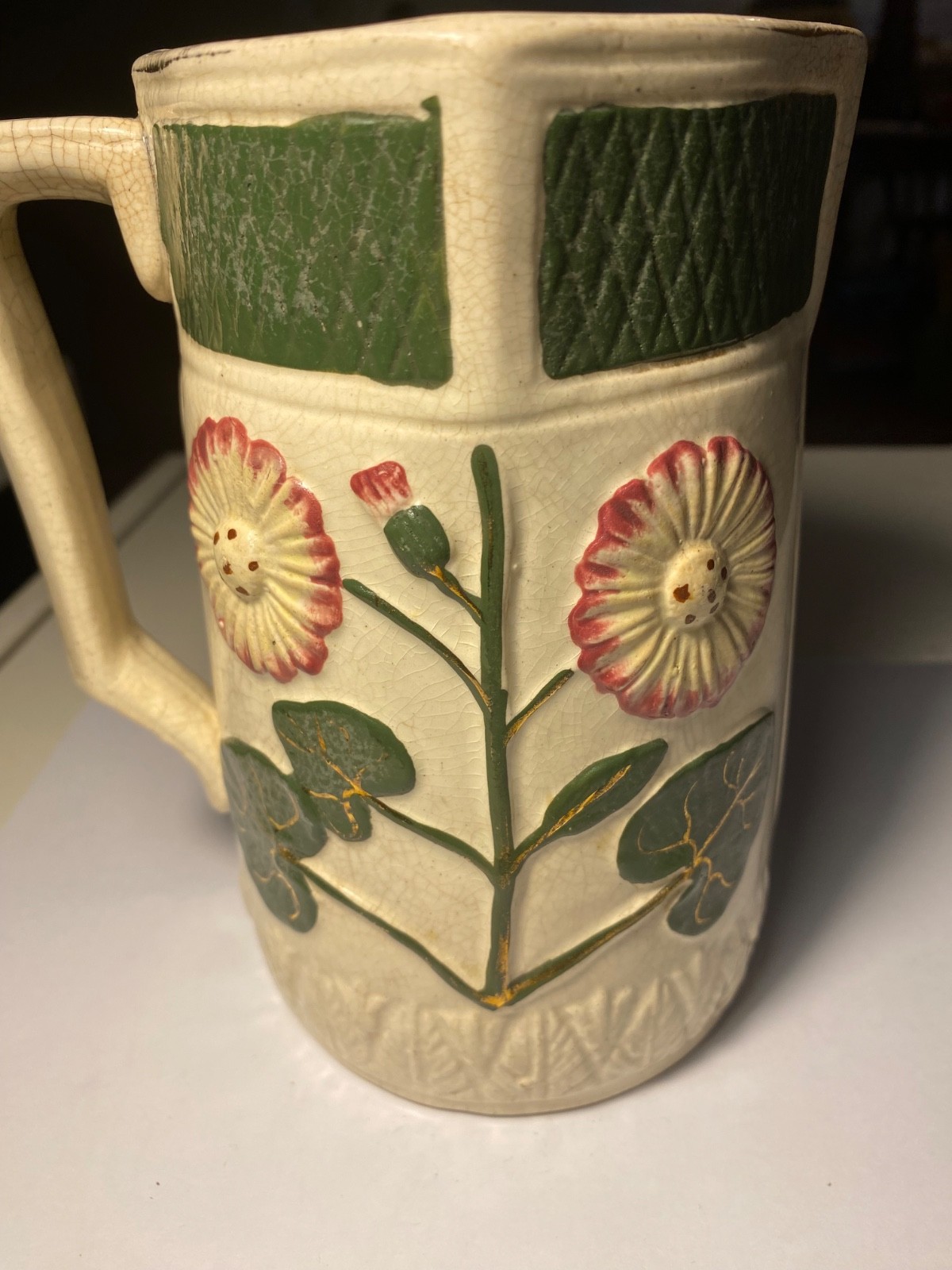 Vintage Floral Embossed Ceramic Pitcher Signed X Lilly Pads