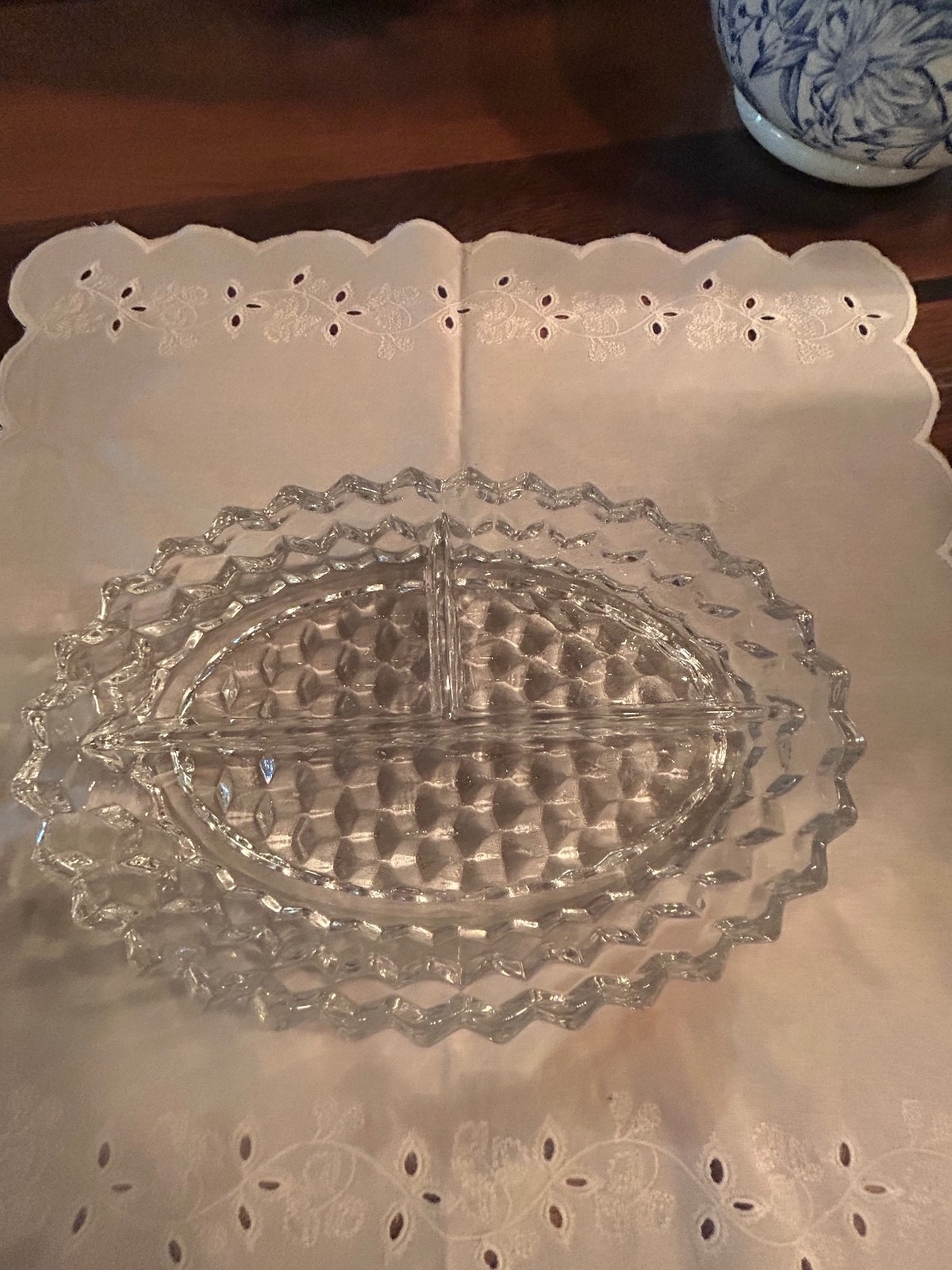 Vintage Fostoria American Clear Glass 3-Part Divided Oval Relish Dish Tray Vintage Fostoria American Clear Glass 3-Part Divided Oval Relish Dish Tray