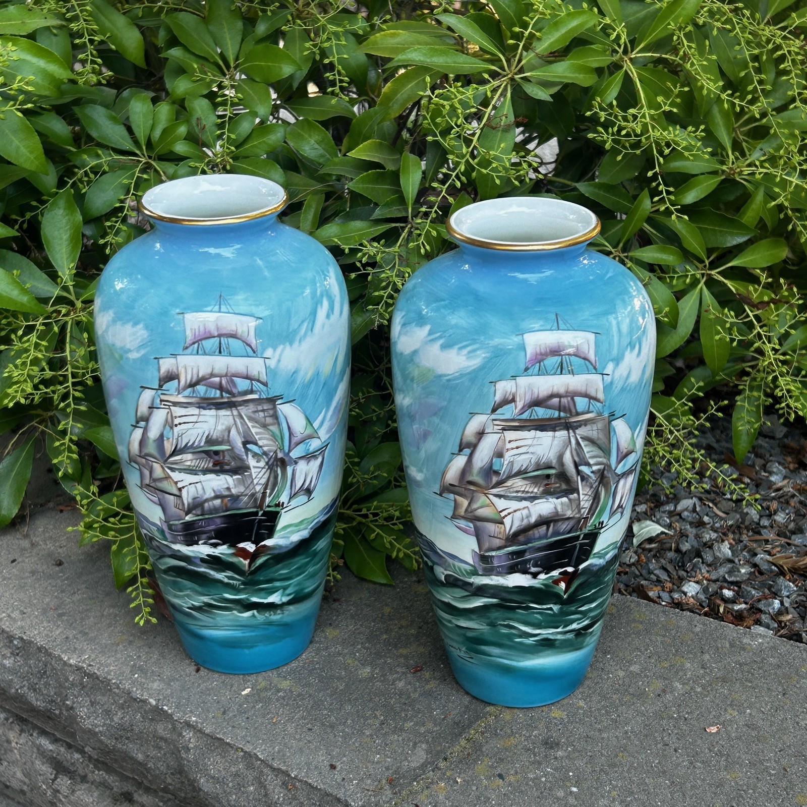 Noritake Nippon Porcelain Vases Toki Kaisha  Hand Painted Ship Signed Kimura