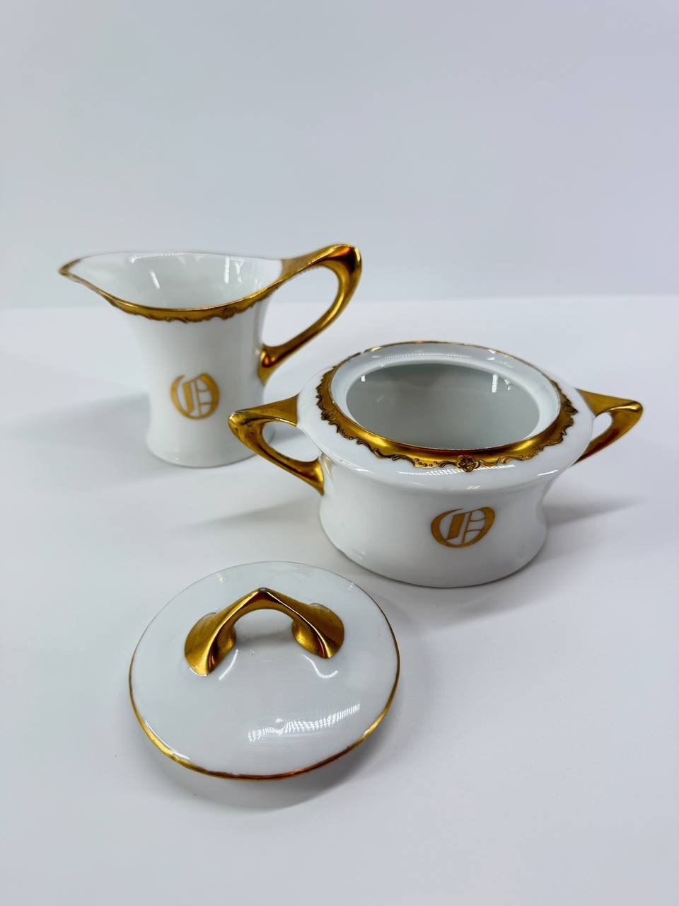 Cacilie Bavaria Porcelain Creamer Sugar Bowl Set Gold Trim Monogram