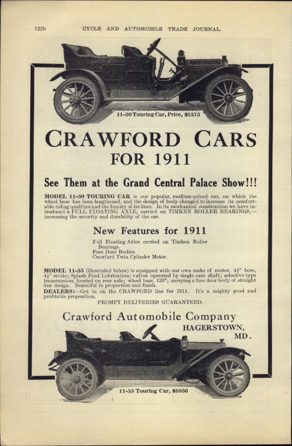 1911 PAPER AD CAR AUTO Crawford Automobile Model 11-30 Touring 11-35 