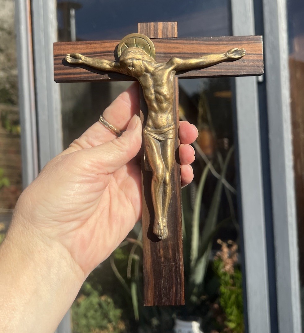 French Antique Art Deco Bronze Wall Cross Hartmann Crucifix Christian Gift 8”