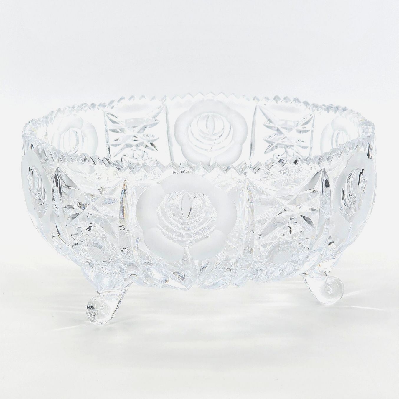 Vintage Cut Crystal Footed Bowl Frosted Roses Sawtooth Rim 8.75 Inch Vintage Cut Crystal Footed Bowl Frosted Roses Sawtooth Rim 8.75 Inch