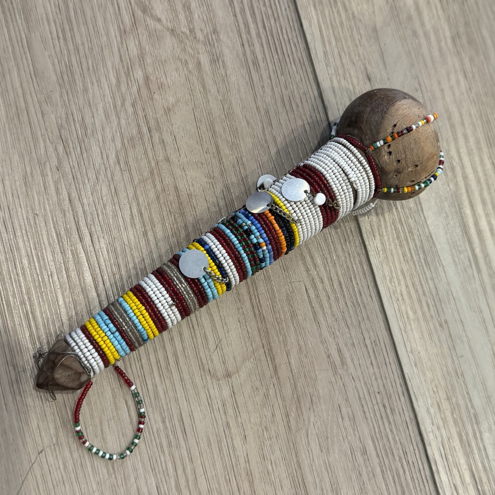 VTG African Tribal Knobkerrie Maasai Rungu Beaded Swag Stick Wood 9”L 2.5”W Top
