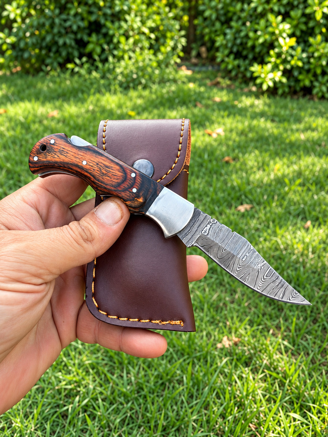 Custom Made Forged Damascus Steel Folding Pocket Knife EDC +Leather Sheath .2574