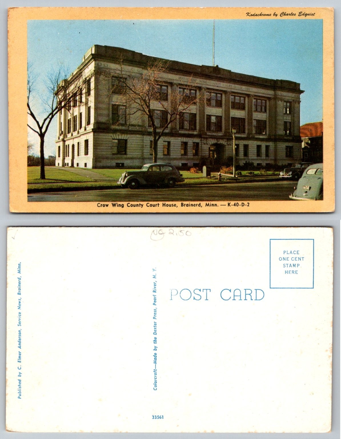 Crow Wing County Court House Brainerd MN Postcard Kodachrome 1940s