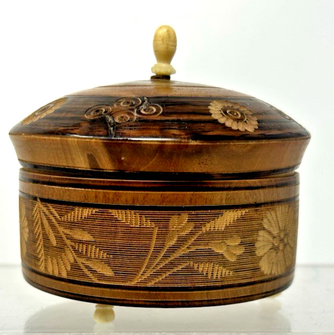 Vintage Hand Turned Wood Trinket Box with Etched Floral Design Mexican Folk Art