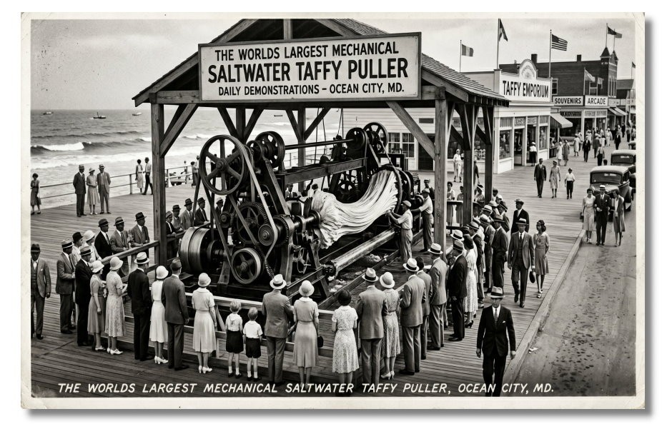 Vintage‑STYLE NEW ART 1930\'s RPPC-LARGEST R TAFFY PULLER-OCEAN CITY MD-FAUX