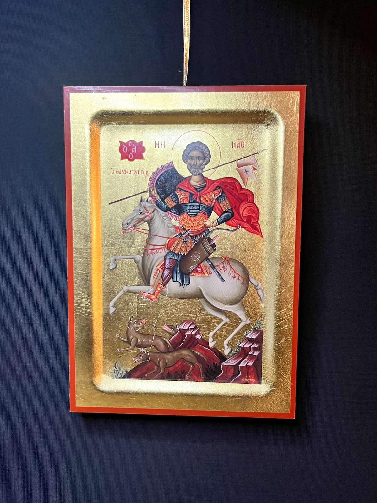 Byzantine Greek Christian Wood Icon Plaque Saint Demetrius Horseback Stand