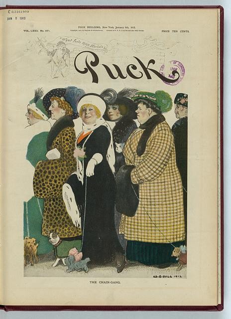 New York NY 1913 Puck Cover Socialites with Pet Dogs Chain-Gang Cartoon