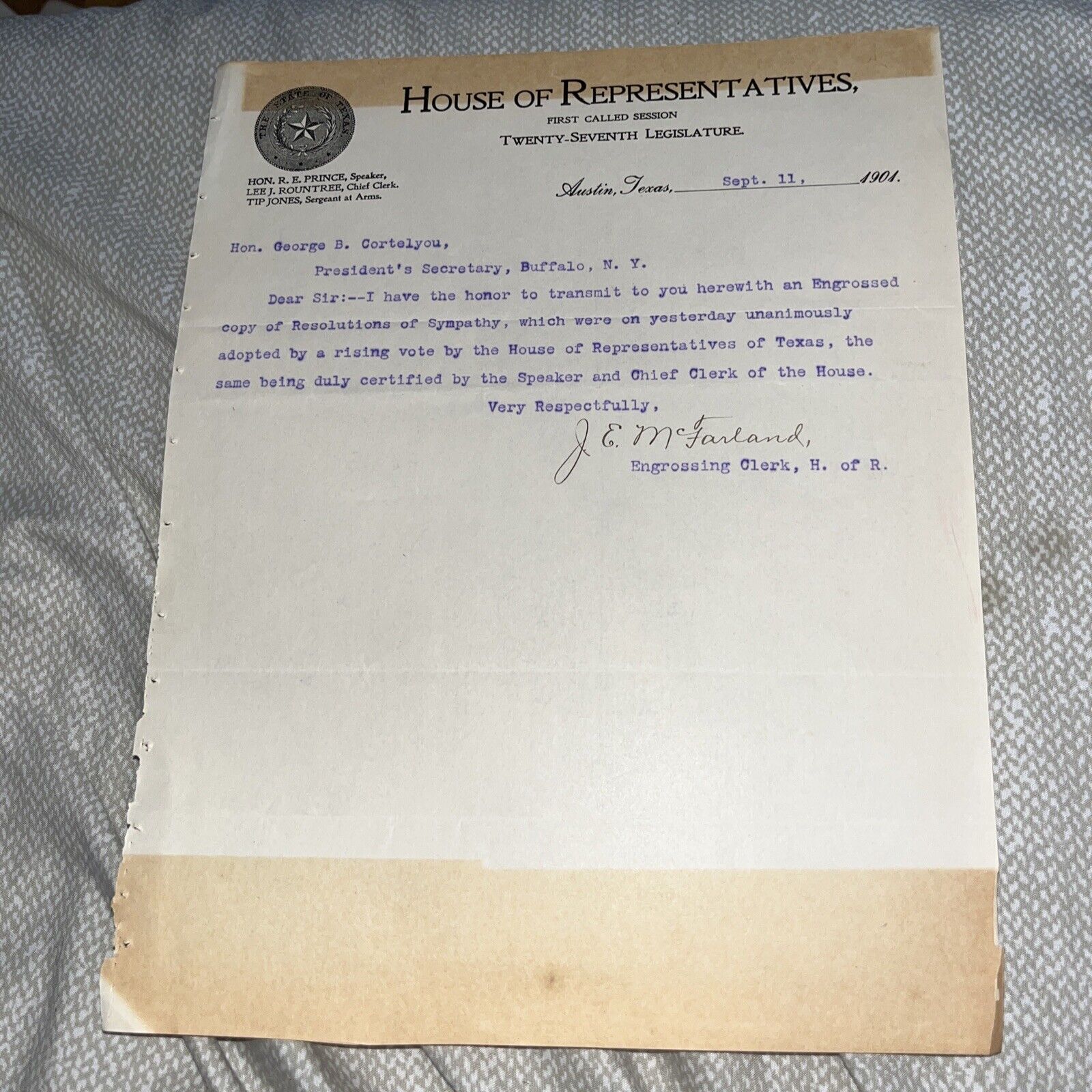 1901 House of Representatives Cover Letter on President McKinley Assassination