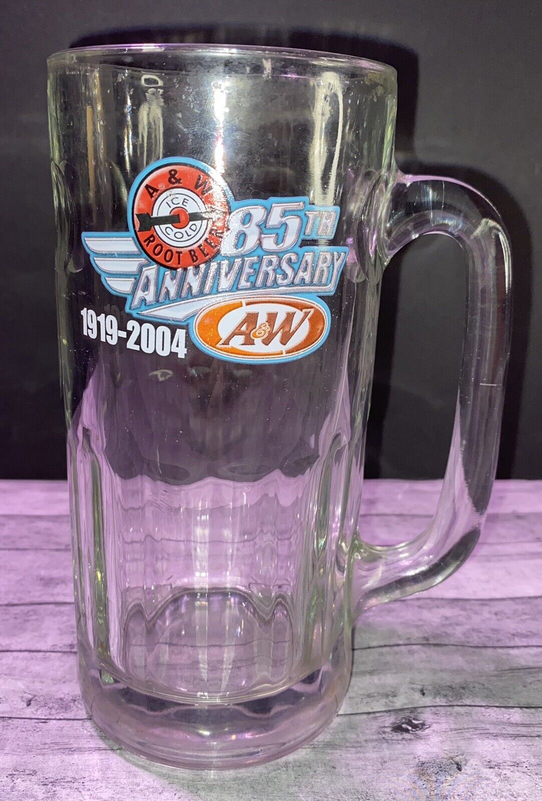 A&W Root Beer 85TH Anniversary 16oz 7” Mug Stein 1919-2004 Handle Dimpled Glass