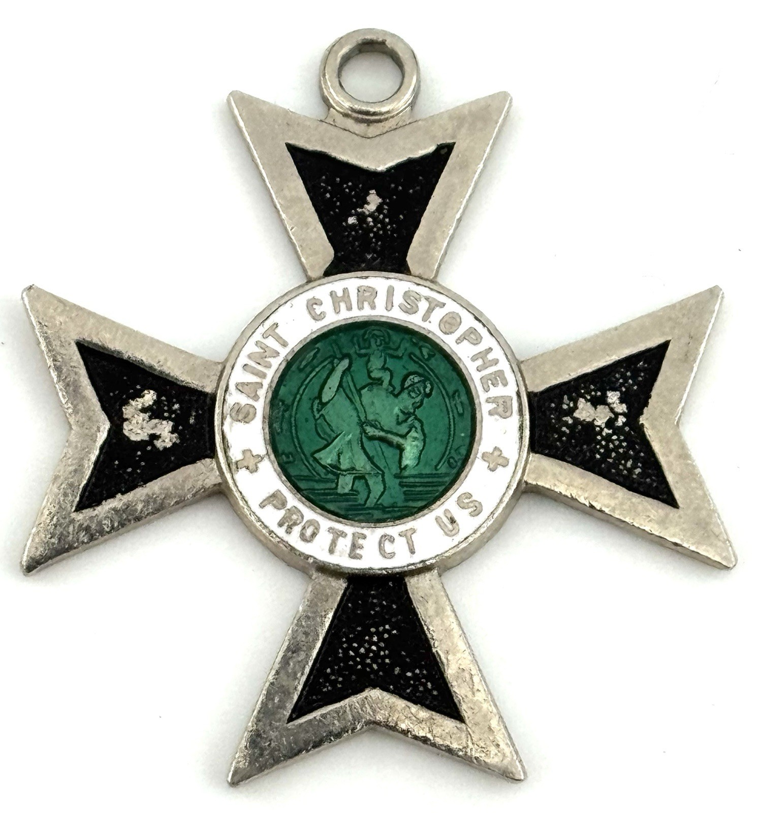 Vintage Japan Saint Christopher Surfer Maltese Cross Green Enamel Medal Pendant