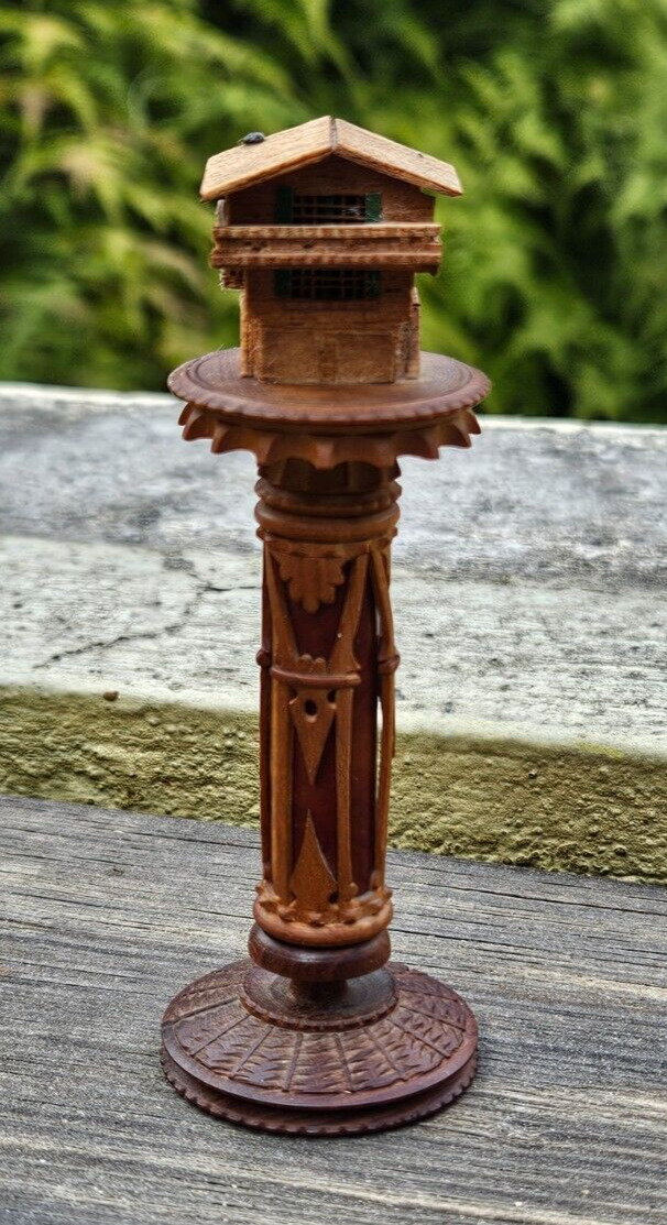 ANTIQUE OLD VINTAGE FRENCH? HAND CARVED WOOD NEEDLE CASE MINIATURE BIRDHOUSE