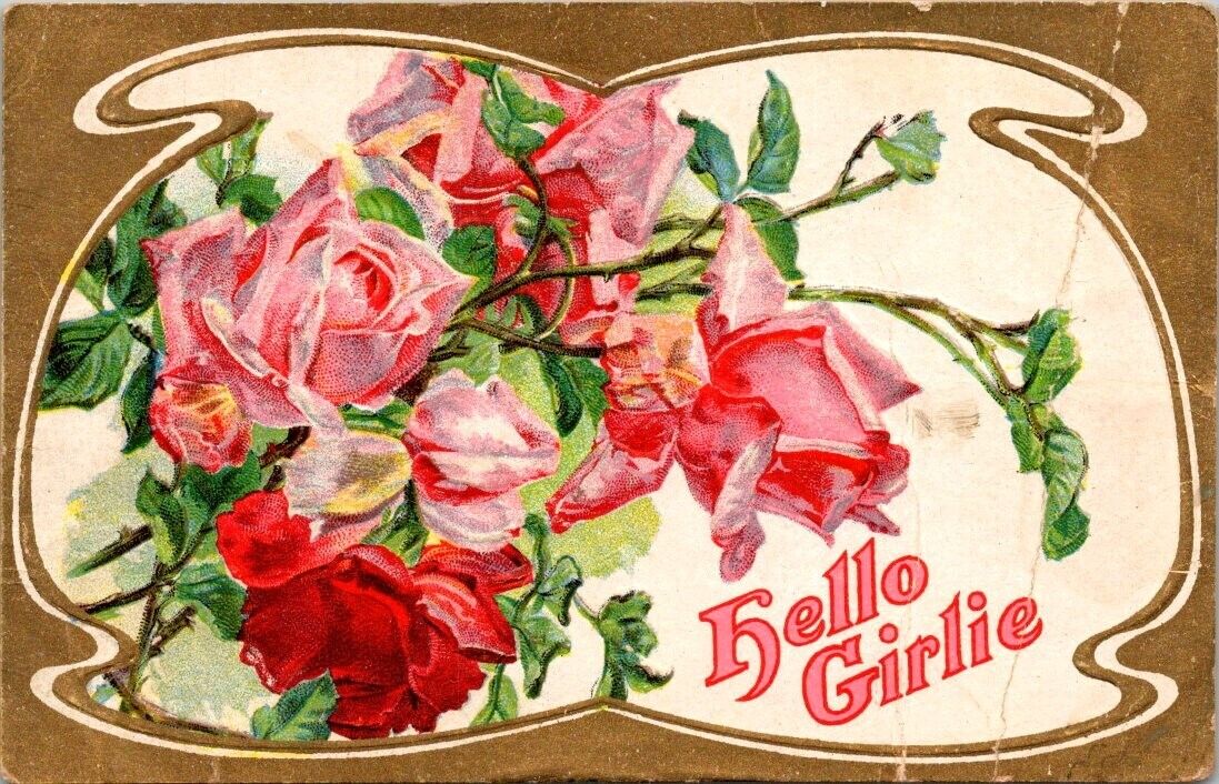 vintage postcard - Hello Girlie pink roses embossed unposted c1900s