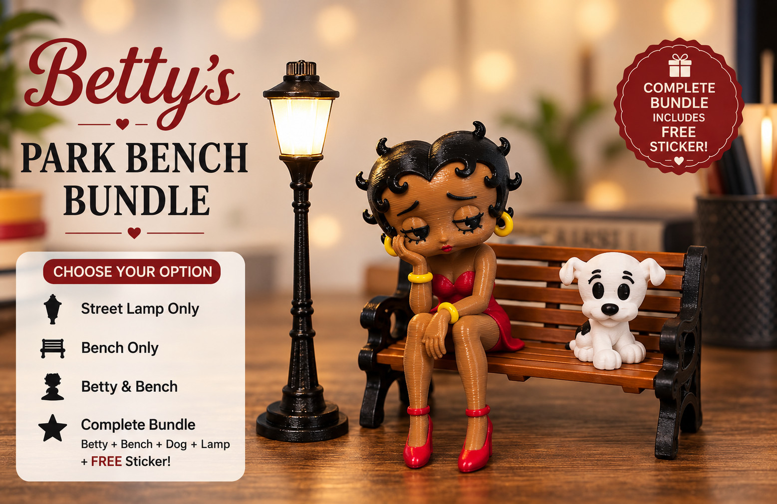 Black Betty Boop Park Bench Bundle Set w/ Dog & Street Lamp Twist to Turn On