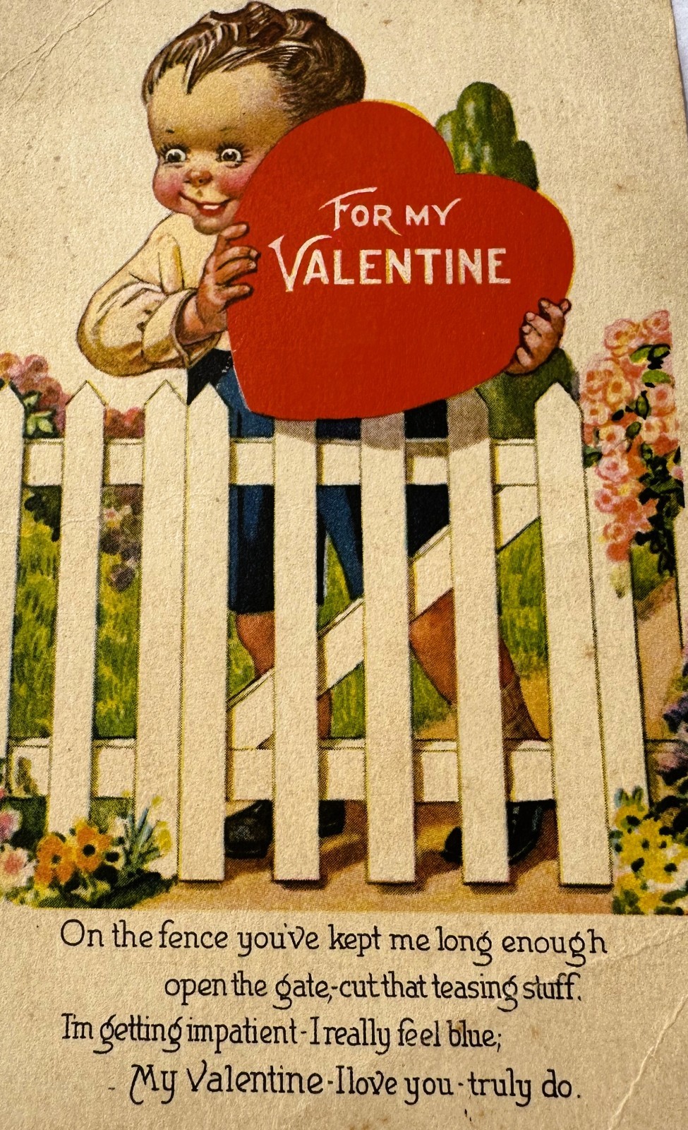 1930s/50s Valentine's Day Postcard Child Holding Heart Shaped Sign USED Unposte