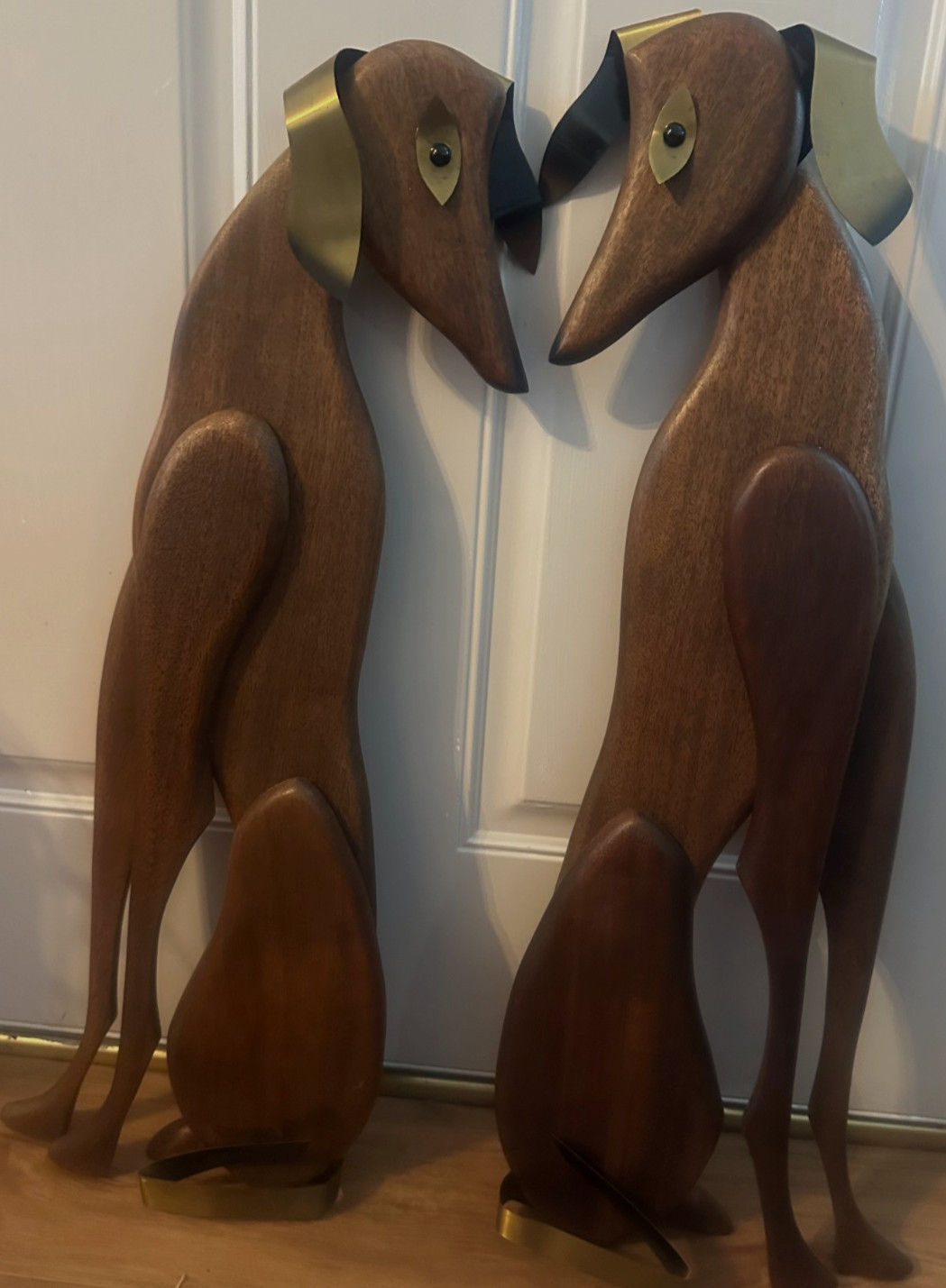 1961 Mid Century Modern Masketeers Wall Art Wood Brass Dog Pair Vintage