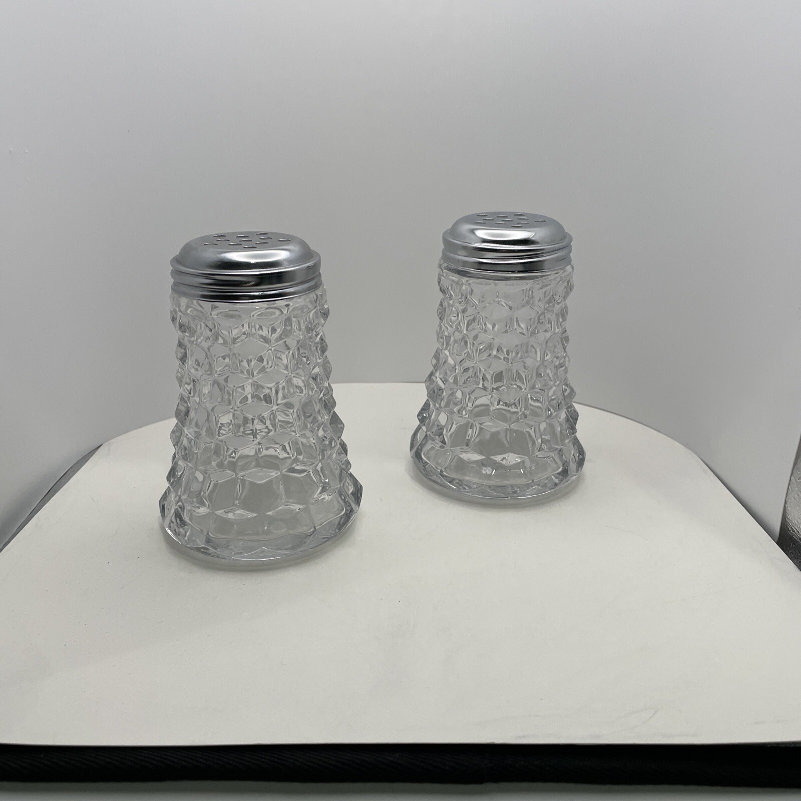 Vintage Fosteria American Sugar/Cheese Shaker With Silver Tops Cubist Glass