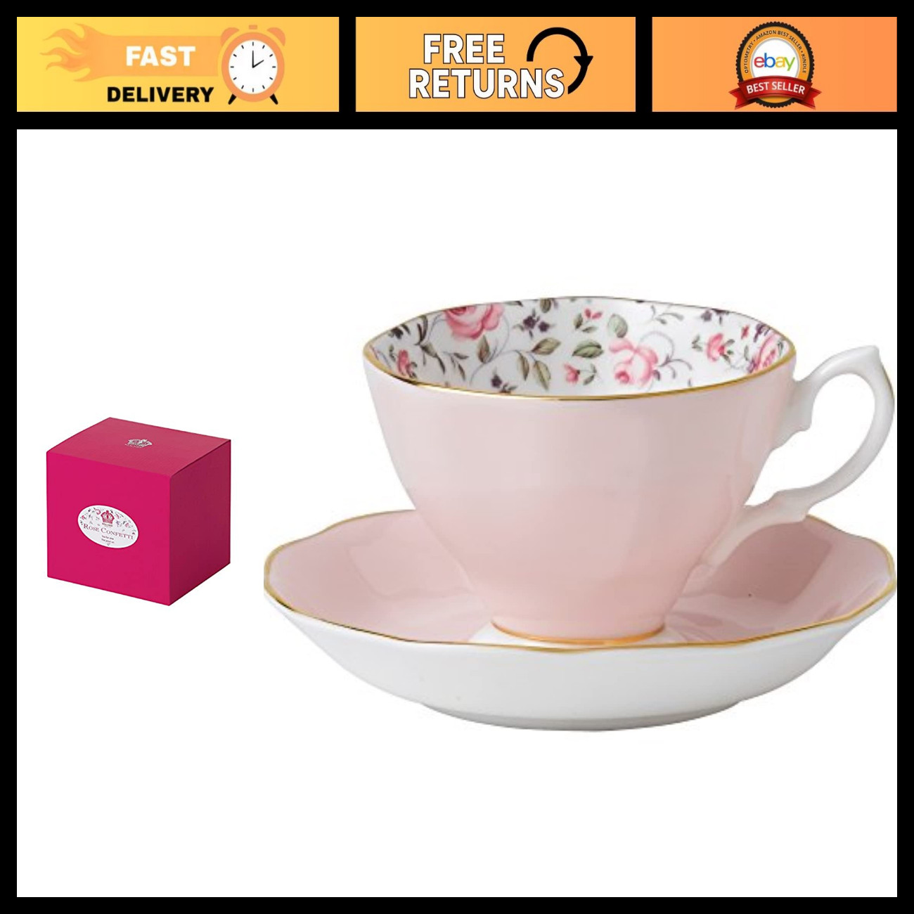 Elegant Rose Confetti Teacup & Saucer Set - Fine Bone China, Vintage Style