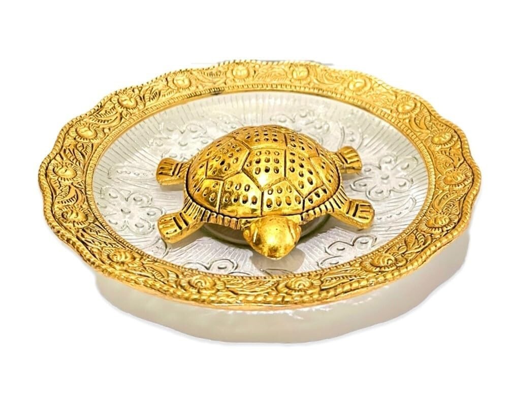 VIBHSA Metal Feng Shui Tortoise On Glass Plate Decorative Showpiece