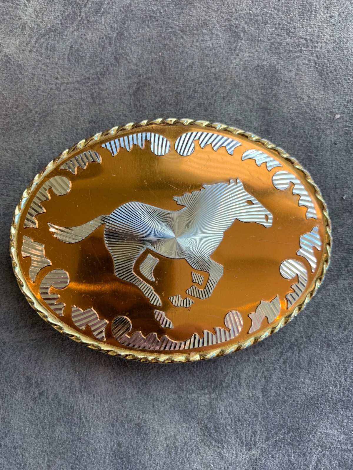 Vintage Horse belt buckle gold tone with copper tone 