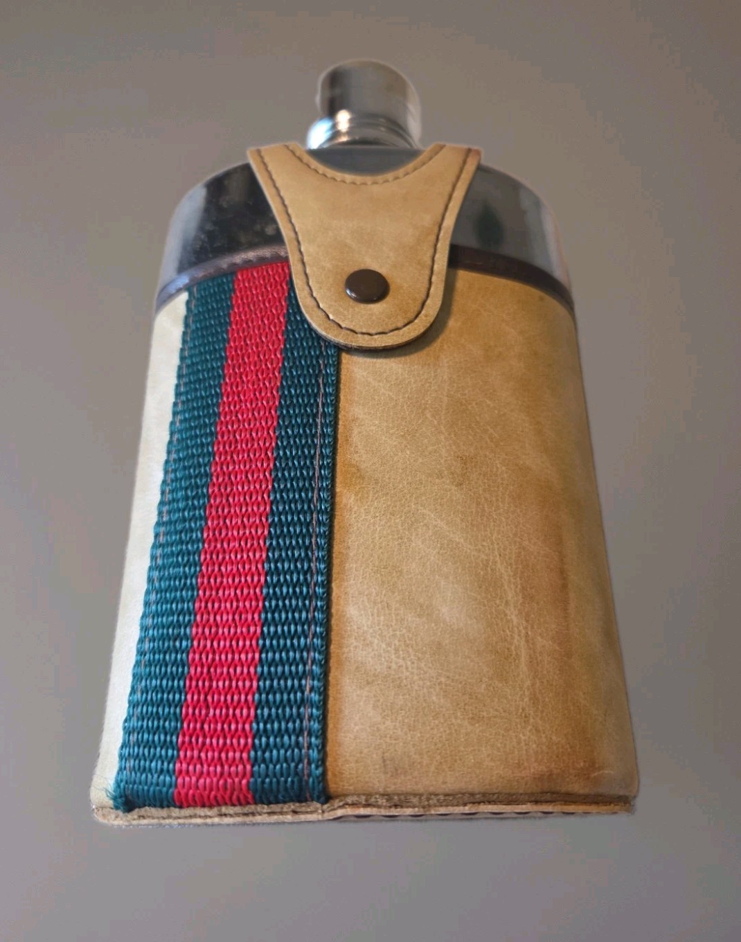 Vintage Unmarked Gucci Style Glass Flask Tan Leather Case Green Red Stripe 1970s