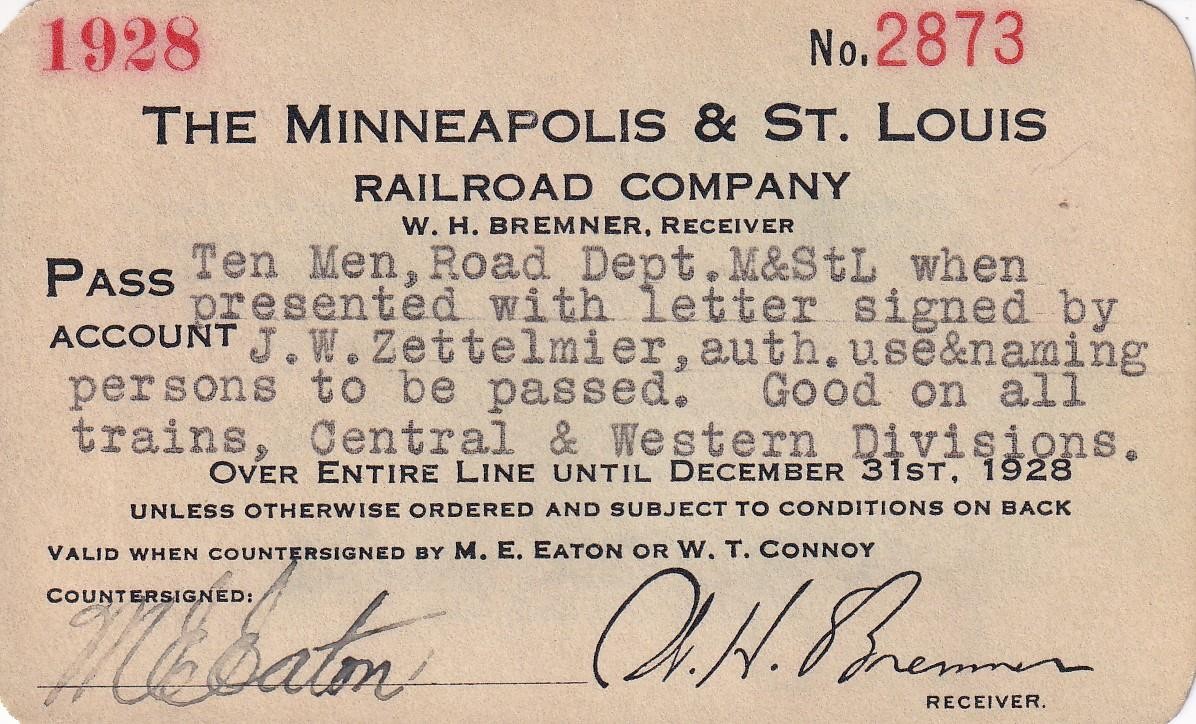 1928 Minneapolis & St Louis Railroad employee pass - work crew