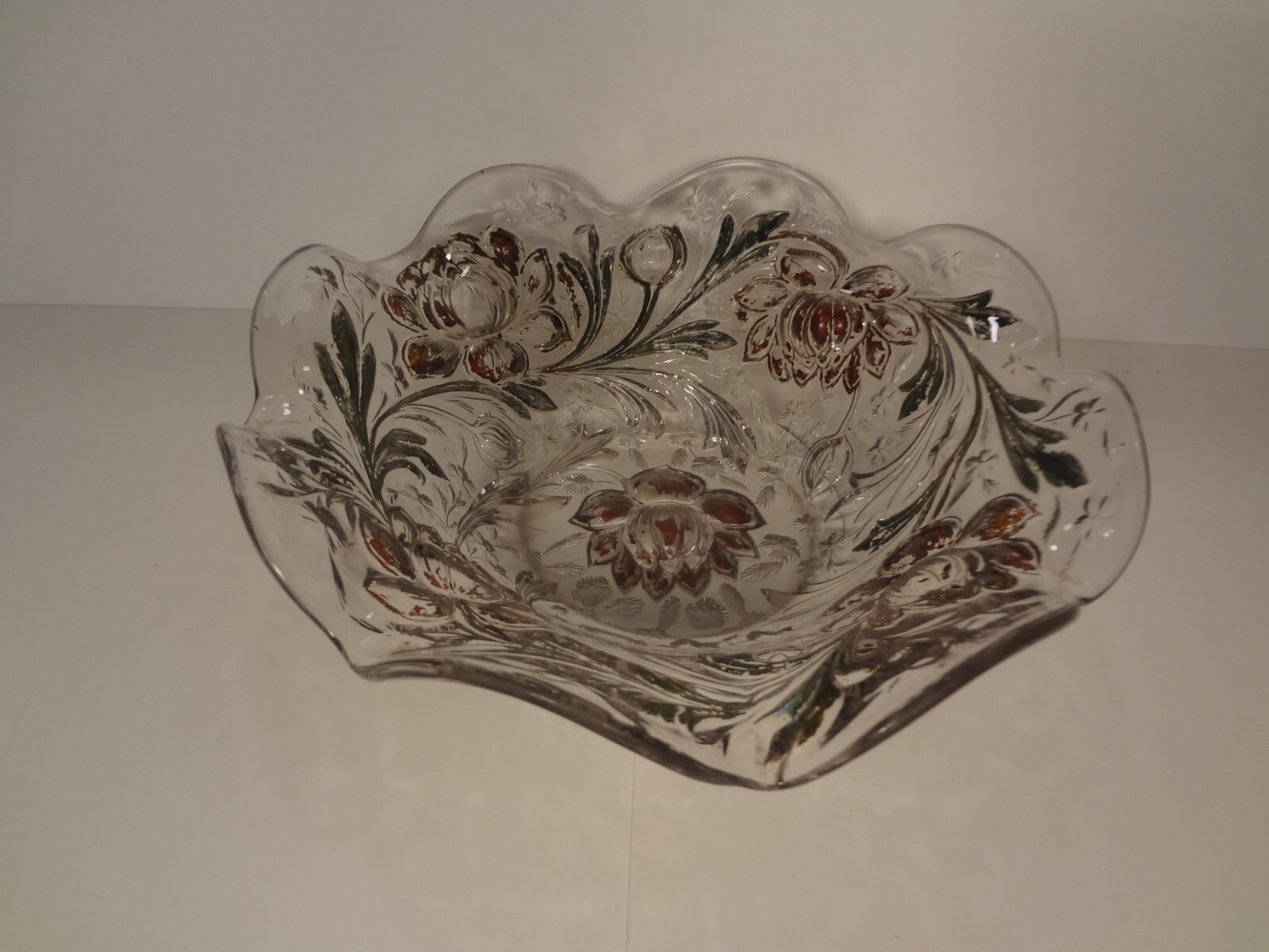 Goofus Glass - Bowl Hand Painted Clear Glass With Flower