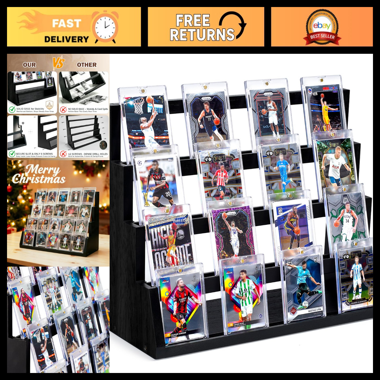 Emfogo Card Display Stand, 4-Tier Trading Card Display with Solid Base, Wooden G