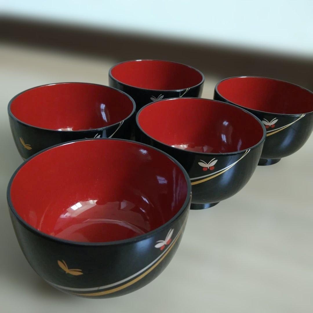 Aizu Lacquerware Bowls Set of 5 Butterfly Design Gold Silver Line Collectible