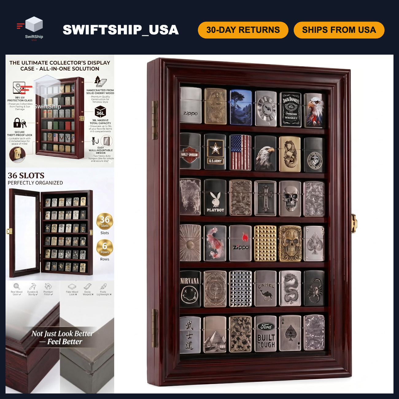 36-Inch Lighter Display Case - Solid Pine Shadow Box for Zippo, Military & Sport